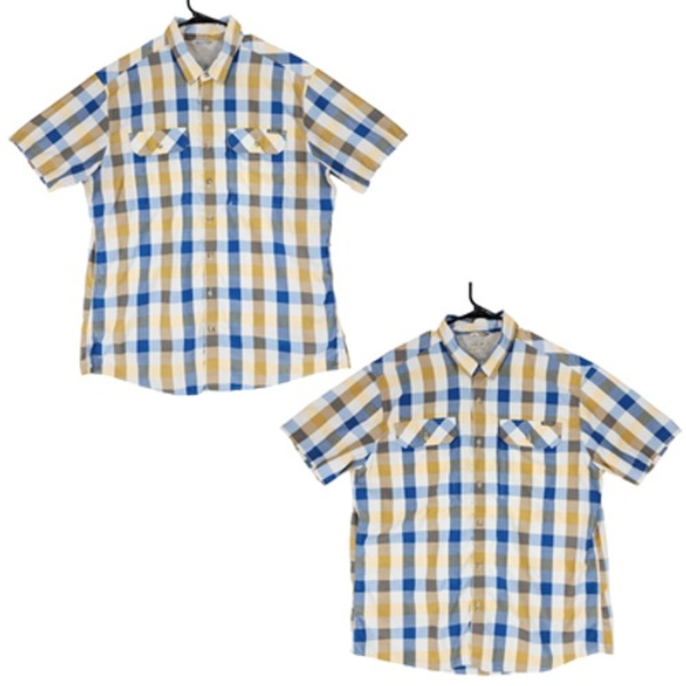 2 Eddie Bauer Travex Button Up Shirts XL Men Plaid Blue Caramel White 48x30/32‎